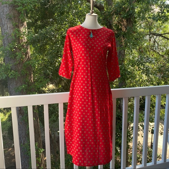 Janasya Indian Long Red Midi Dress w Tassel Medium - Picture 2 of 10